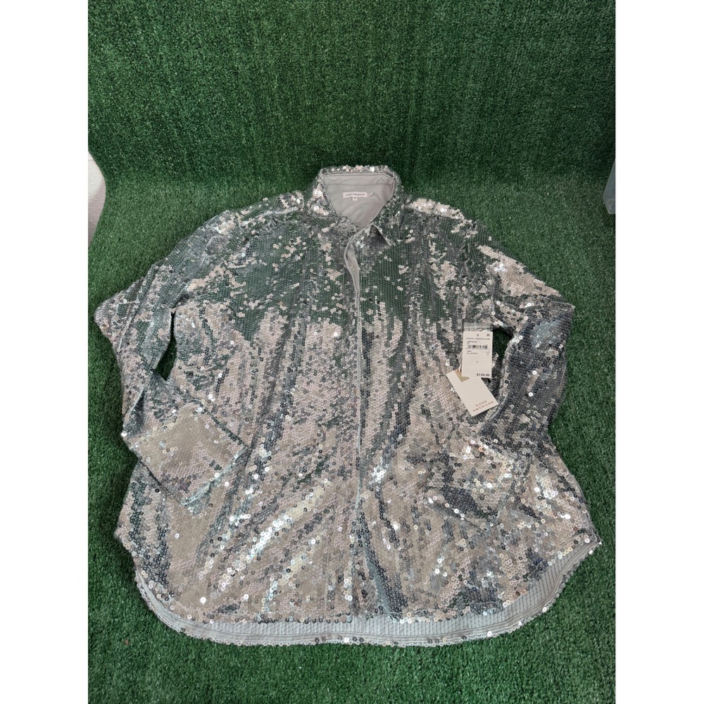 GOOD AMERICAN Sequin Shirt Jacket Silver Sparkle Long Sleeve Button Front Size 4